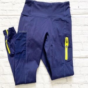 Fabletics Motion 365 Dark Blue & Neon Zippers Full Length Leggings